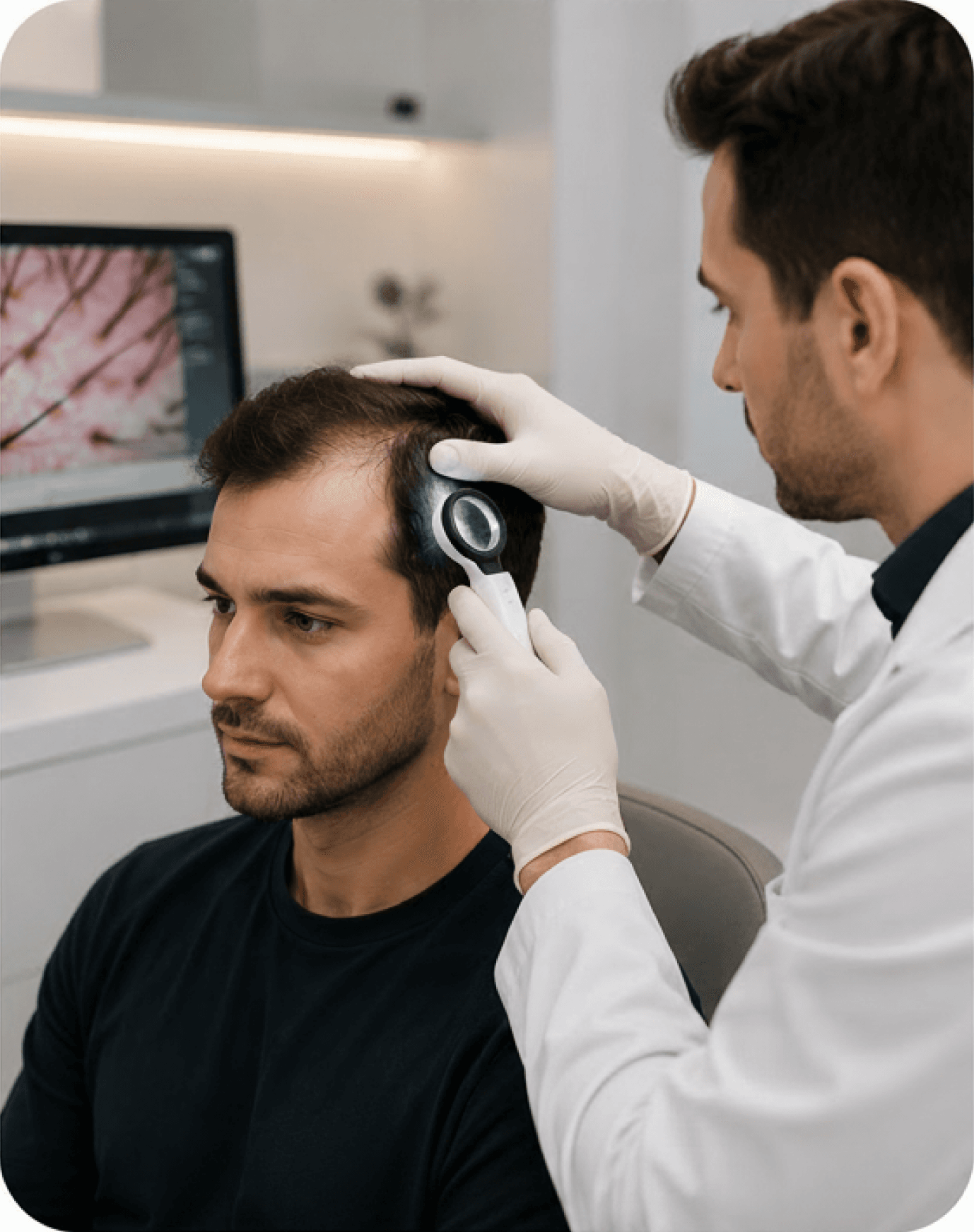 A man having his scalp examined by a clinician